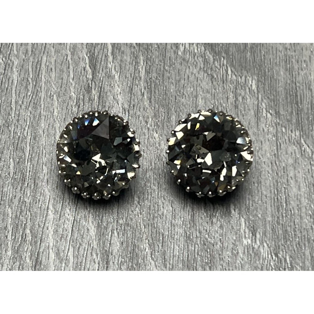 Vintage Made In Austria Clip On Earrings Large Smokey Grey Crystal Round Studs